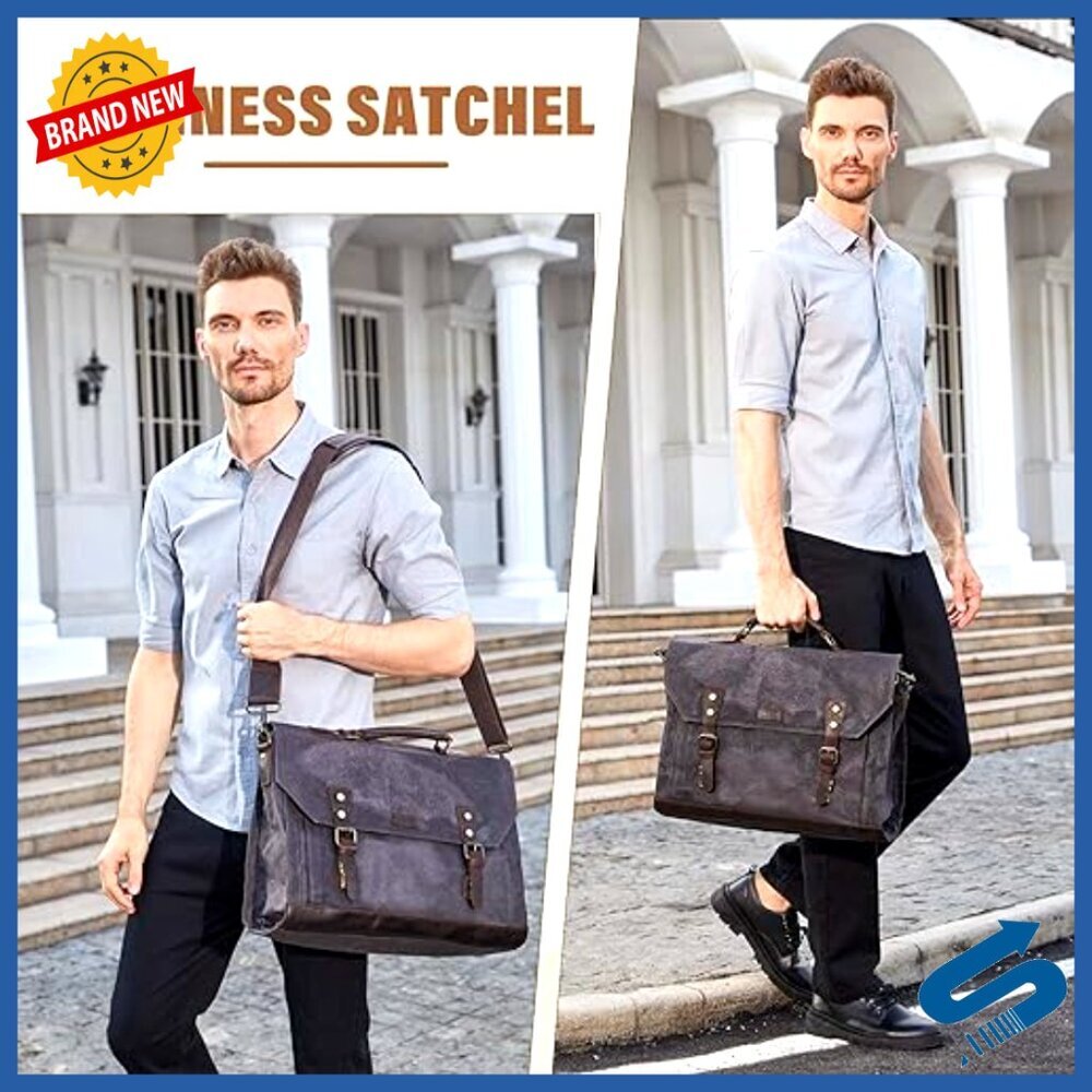 Vintage Canvas Leather Messenger Bag Laptop Satchel Briefcase Business Casual - Picture 2 of 7